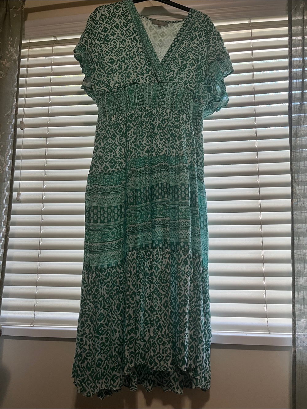 Teal Printed V-Neck Women's Maxi Dress